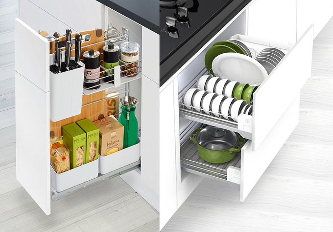 Bộ đôi phụ kiện lưu trữ Cooking Agent và Dining Agent do Hafele phân phối có ray trượt giảm chấn, hoạt động êm ái, thích hợp cho thiết kế gian bếp hiện đại.
